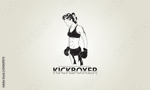 Female kickboxer. Poster. Logo. Black and white vector image of an athlete.