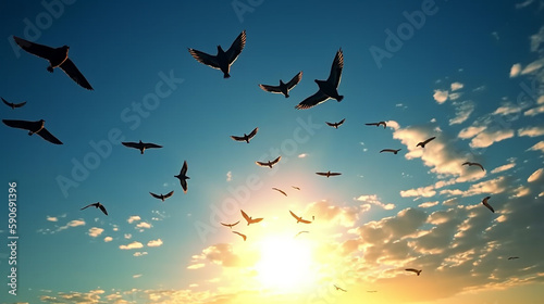 Birds flying over sky sunrise background, concept : World environment day, peace and freedom ,Generative AI © ruslee