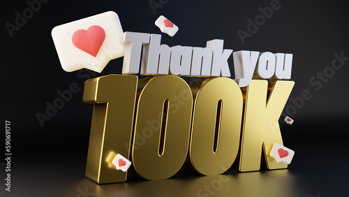 Thank you 100k follower 3d golden text social media