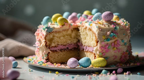 A freshly baked Easter themed egg with speckled chocolate eggs on a plate generated by AI