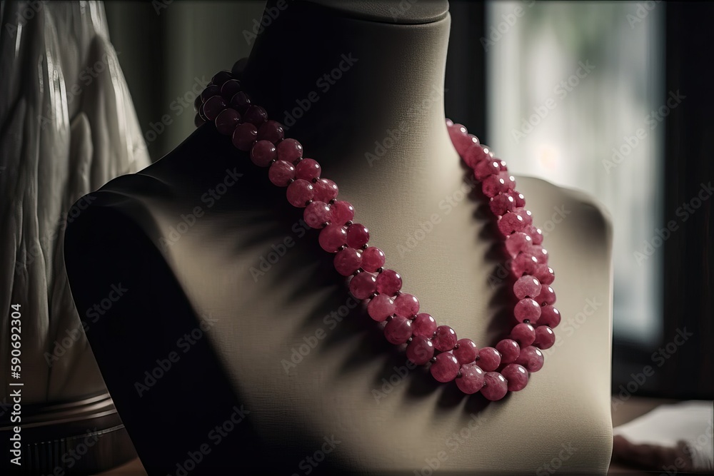 Fototapeta premium Ruby Necklace beads Jewelry on Mannequin (Ai generated)