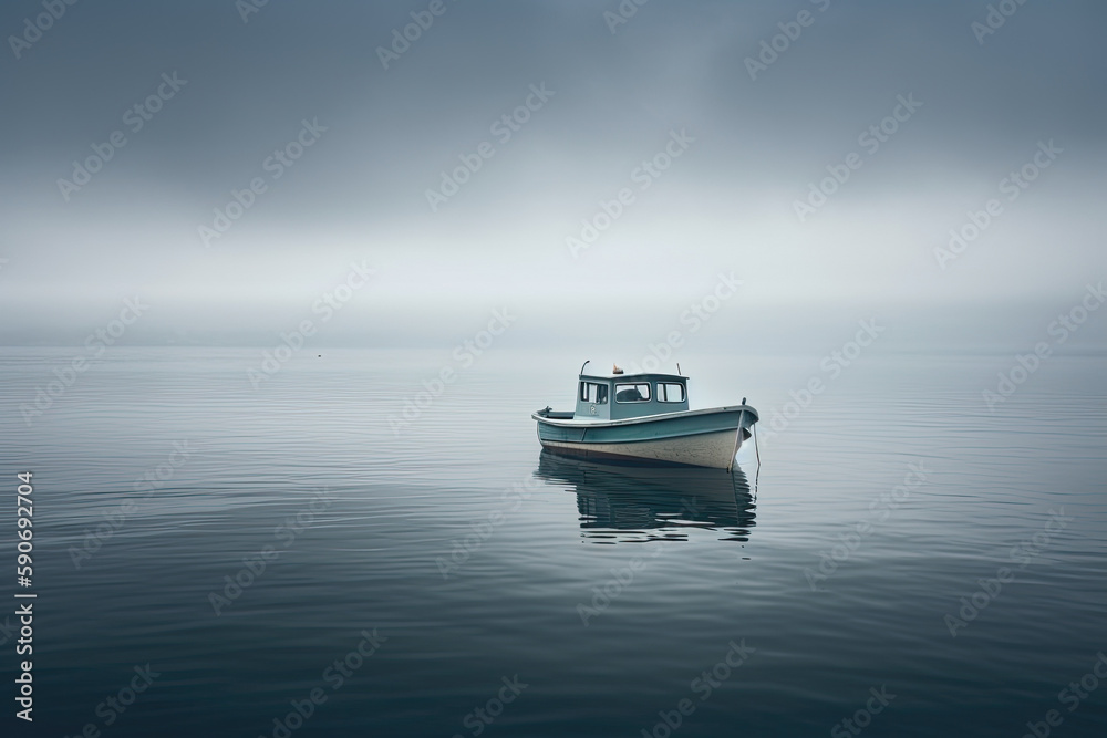 Naklejka premium Minimalist photo of a boat on a misty lake on a gray overcast day generated by AI