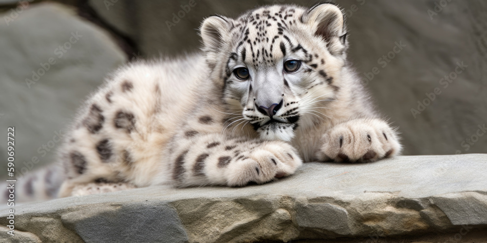 Fototapeta premium Photo of a cute white snow leopard cub resting on a rock