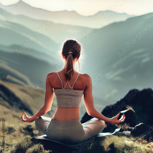 Woman practices yoga and meditation in the mountains  generative AI