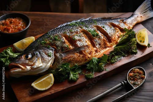 Freshly Grilled Whole Fish with a Crispy and Crunchy Texture  Ai generated 