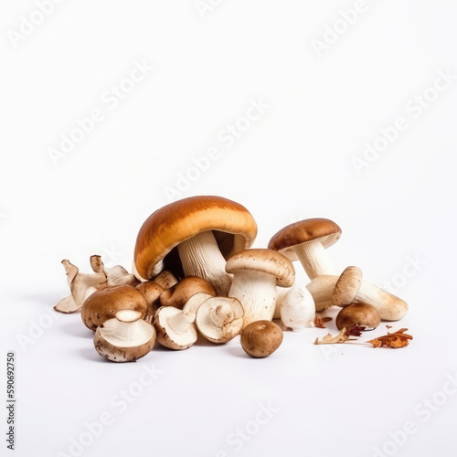 Closeup photos of white and brown mushrooms on a white background