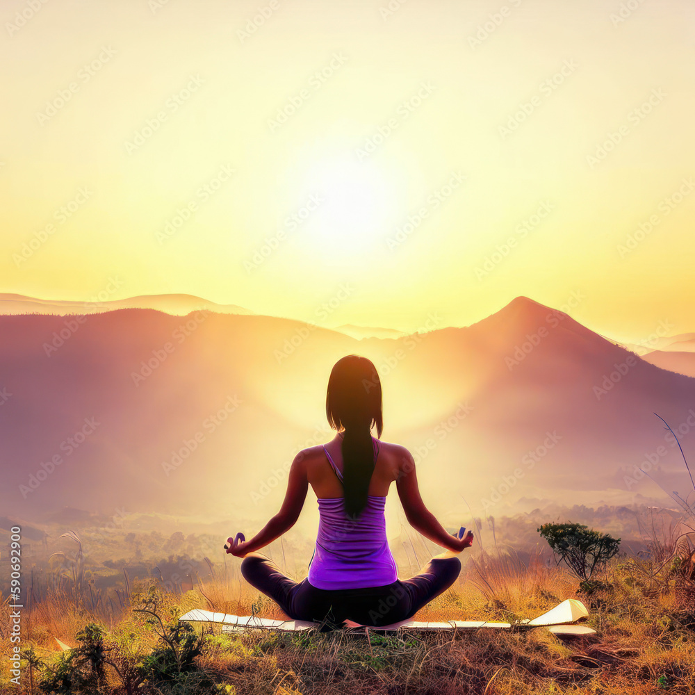 Woman practices yoga and meditation in the mountains at sunset, generative AI Woman practices yoga and meditation in the mountains at sunset, generative AI
