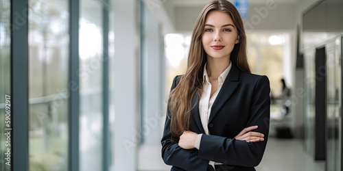Attractive female brunette business woman wearing a suit in an office