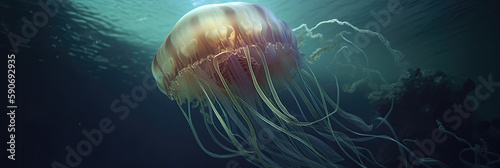 Underwater luminicent jellyfish in the sea generated by AI