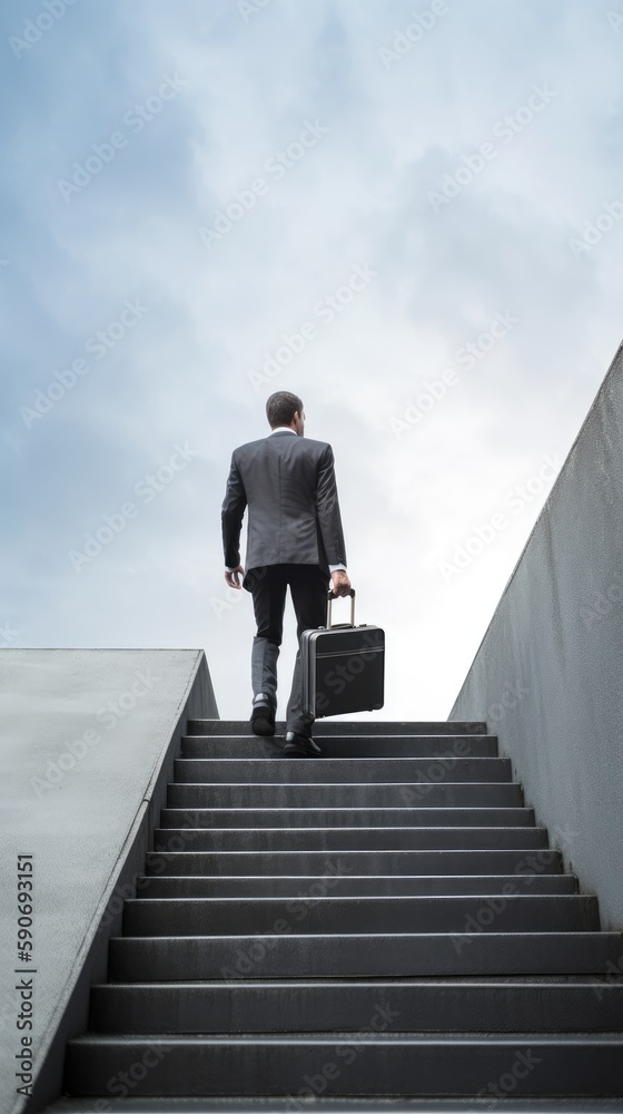 Businessman with a suitcase goes up the stairs