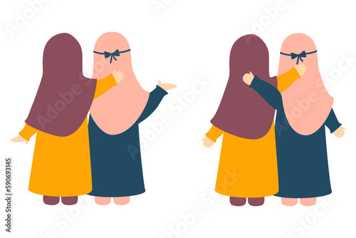 Muslim Best Friend Holding Each Other Illustration Set
