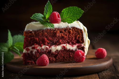 Red velvet cake slice decorated with a mint leaf and rasberries on a wooden surface generated by AI
