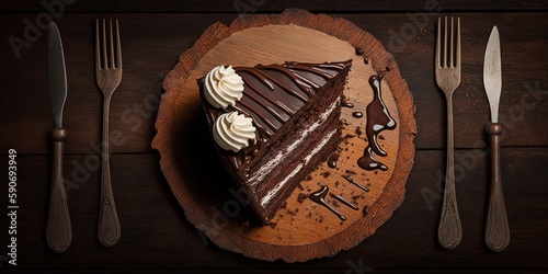 An apical perspective of a baked chocolate cake on a wooden board, complete with a fork. Generative AI