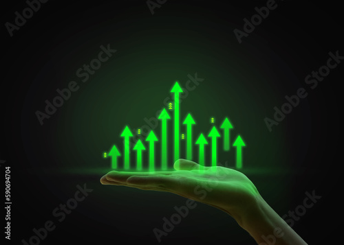 Business hand growth arrow symbol background success graph stock diagram target growth or financial profit, economic investment income and increase goal achievement on development strategy chart