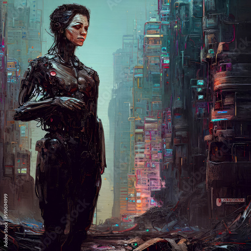 Cyborg robot in a ruined dystopian city, post apocalyptic cyberpunk illustration, generative AI