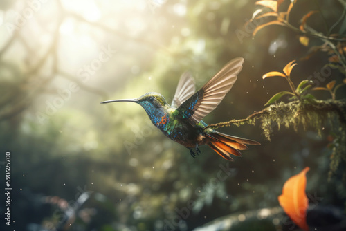 Colorful hummingbird flying in a natural garden habitat, surrounded by greenery and vibrant flowers in the wild of Costa Rica. AI Generative.