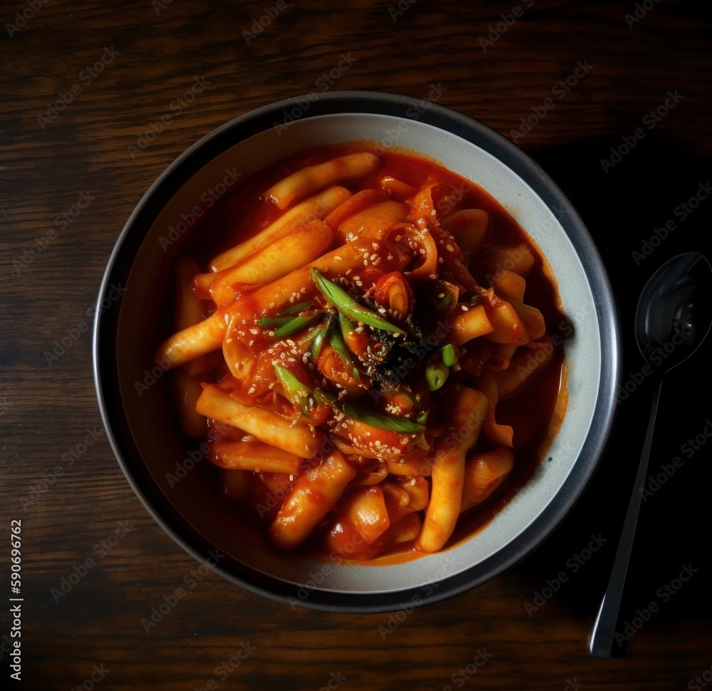 Spicy and sweet red pepper paste seasoned tteokbokki, Korean street food, Generative Spicy and sweet red pepper paste seasoned tteokbokki, Korean street food, Generative