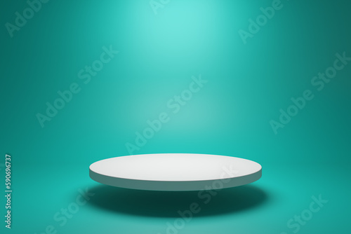White podium shelf or empty pedestal display on vivid green summer background with minimal style. Blank stand for showing product. 3D rendering. 