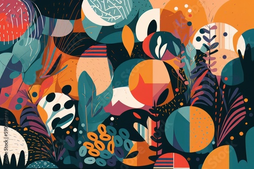 Abstract wallpaper with plants and shapes. Generative AI