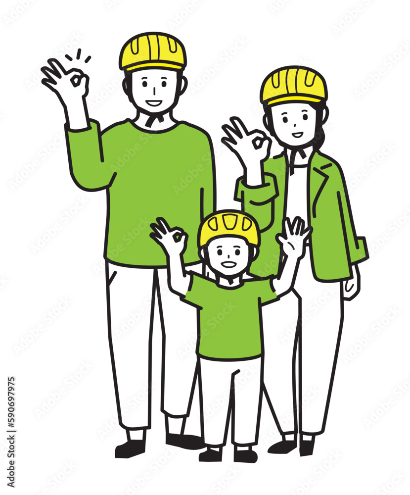 Parent and child 3 line drawings wearing helmets Parent and child 3 line drawings wearing helmets