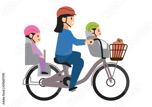 Parent and child riding a bicycle Mother no main line