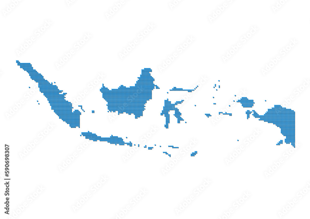 An abstract representation of Indonesia, vector Indonesia map made using a mosaic of blue dots with shadows. Illlustration suitable for digital editing and large size prints. 