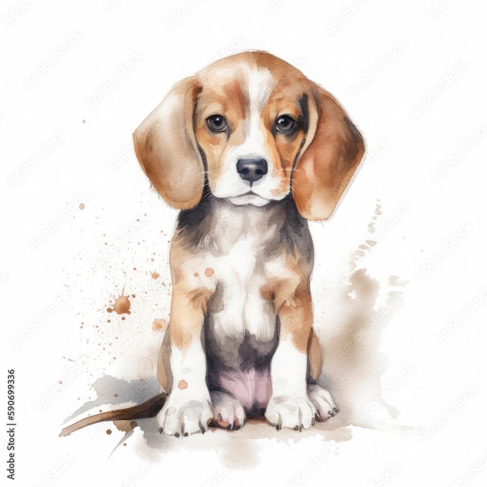 cute fluffy watercolour of a beagle puppy on background, Generate Ai