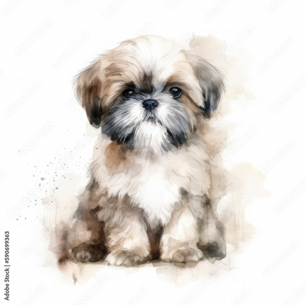 cute fluffy watercolor of a shih Tzu puppy on background, Generate Ai