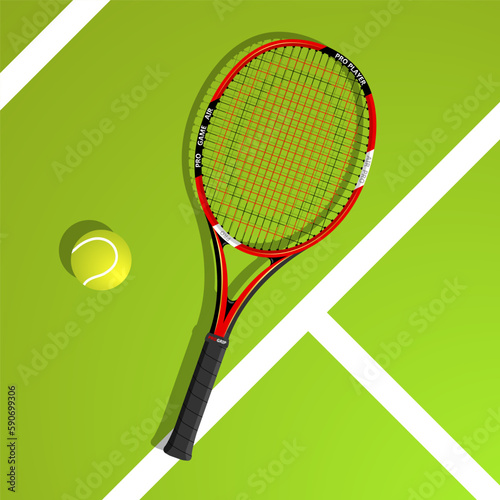 Tennis racket with a tennis ball on a tennis court