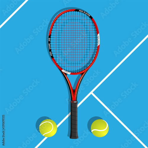 Tennis racket with a tennis balls on a tennis court