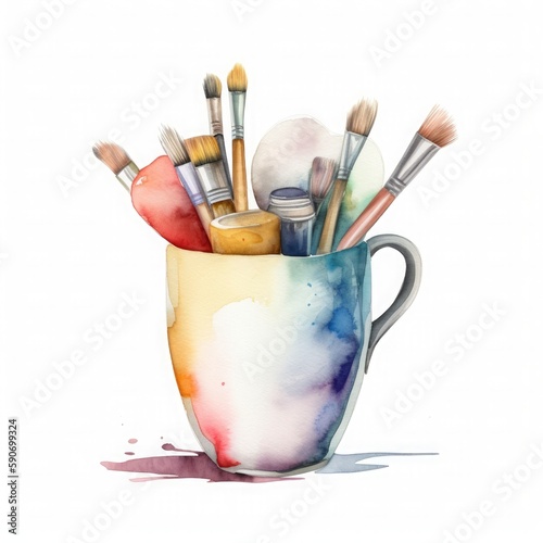 cup with brushes very light pastel colors, watercolor, light colors on white background, generat ai