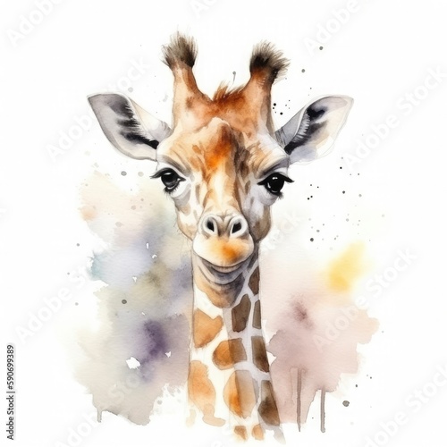 cute small baby Giraffe, water color, pastel color on white background , generat ai