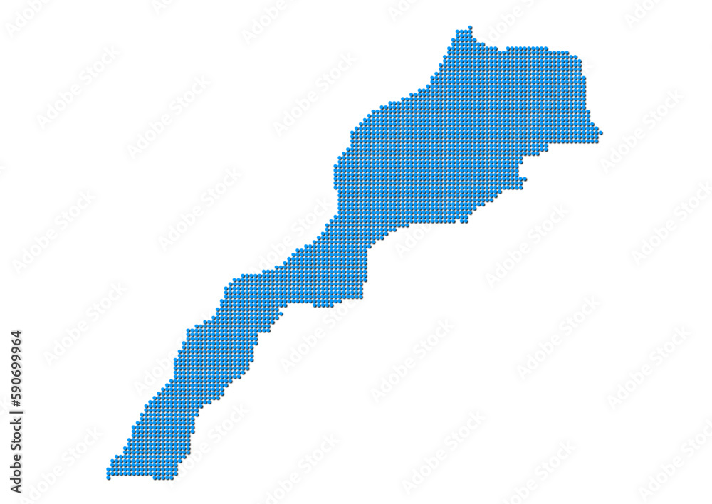 Obraz premium An abstract representation of Morocco, vector Morocco map made using a mosaic of blue dots with shadows. Illlustration suitable for digital editing and large size prints. 
