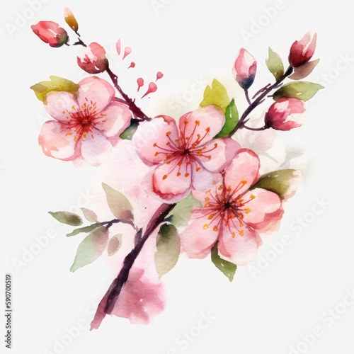 free cherry blossom flowers water color  pastel color with white background  generat ai