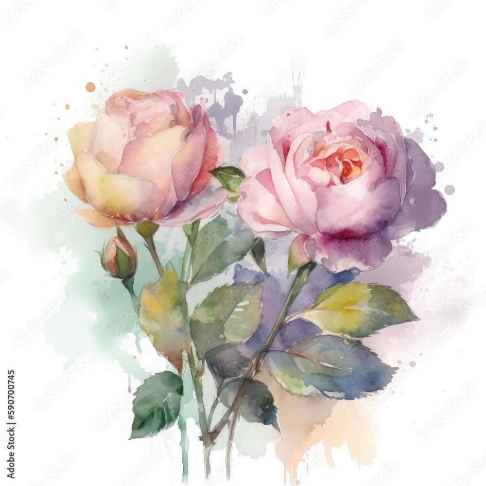 free roses water color, pastel ,white background , generat ai