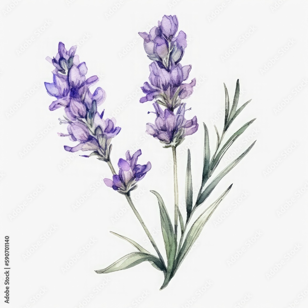 free single lavender folwer water color, pastel ,white background, generat ai