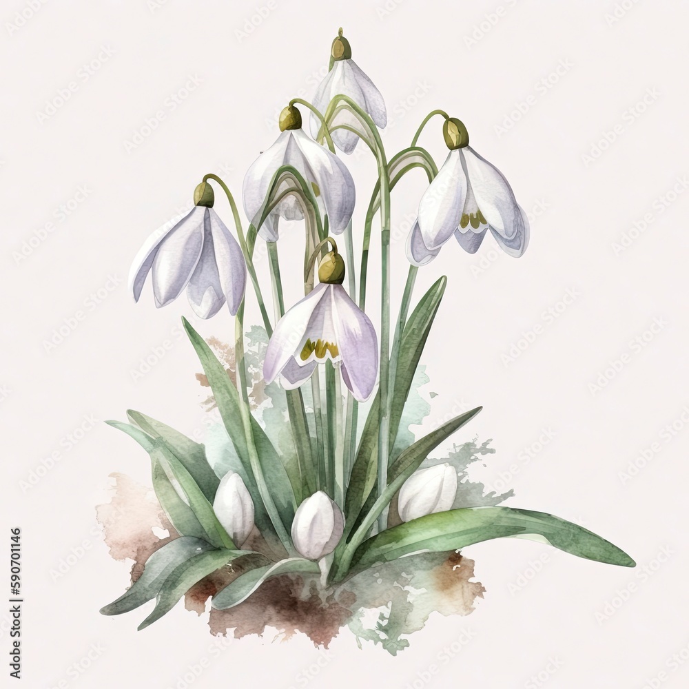 free snowdrops flowers water color, pastel ,white background , generat ai