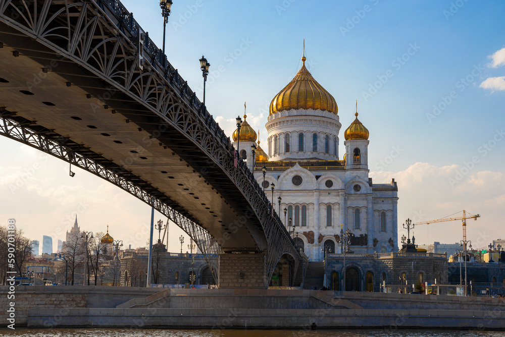 Cathedral of Christ the Savior and the Patriarchal Bridge on a sunny April evening. Moscow