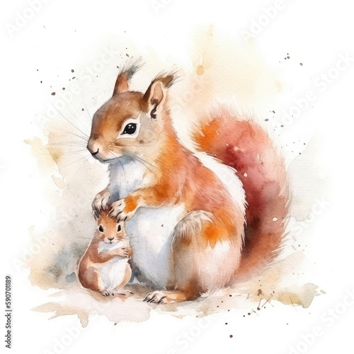 free squirrel mother with squirrel child water color, pastel ,white background , generat ai © MdImam