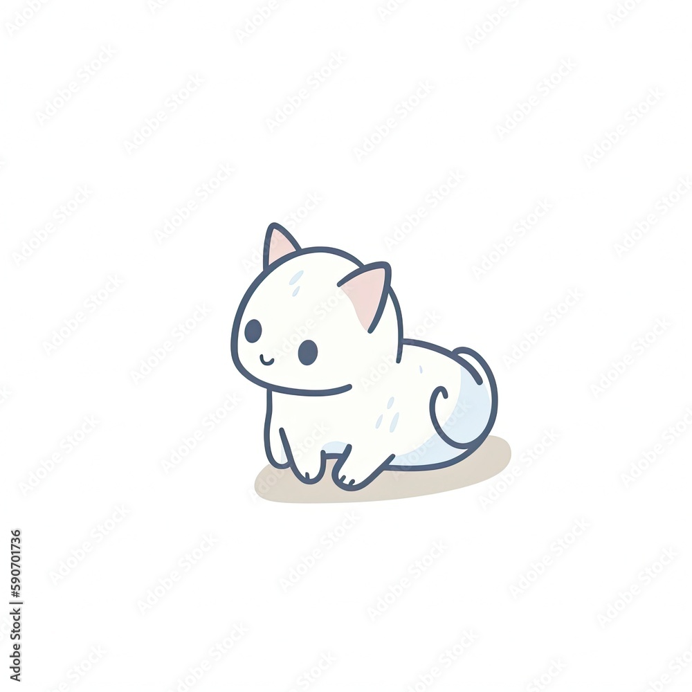 adorable tiny white cat, crouching, playful, happy, kawaii style illustration, flat icon, drawing, generat ai