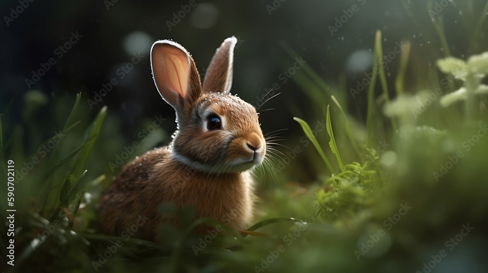 Cute bunny playing in the grass with morning dew drops and isolated blur background Cute bunny playing in the grass with morning dew drops and isolated blur background
