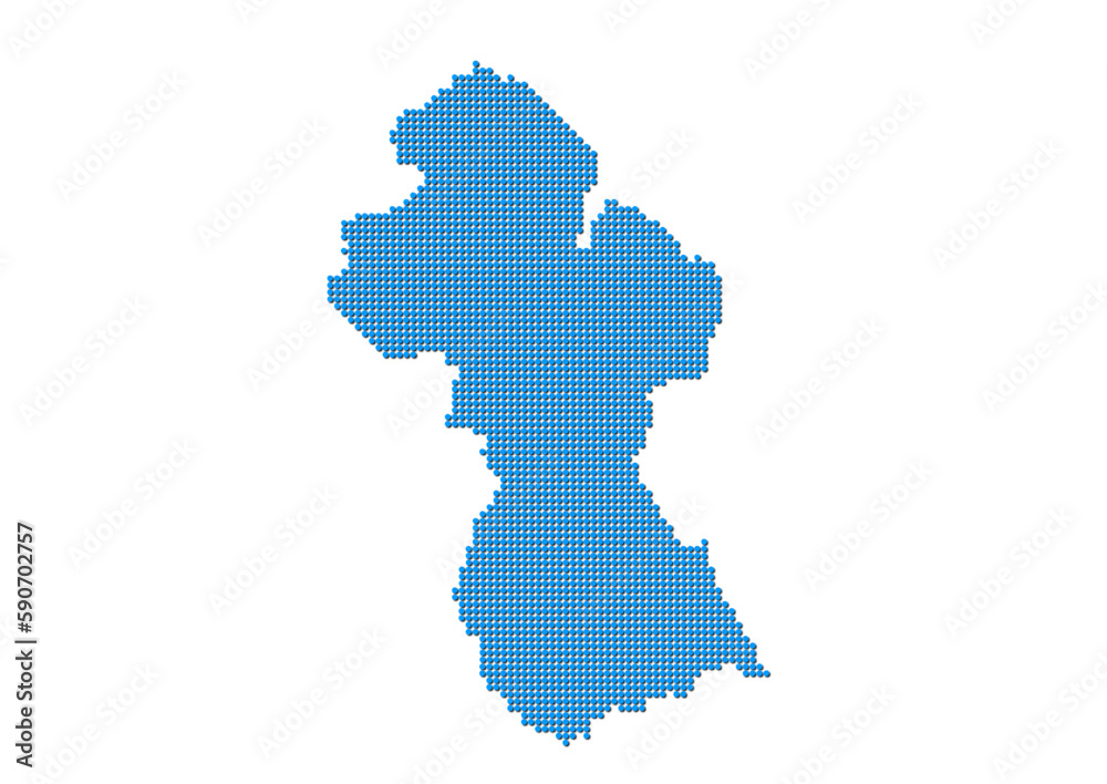 An abstract representation of Guyana, vector Guyana map made using a mosaic of blue dots with shadows. Illlustration suitable for digital editing and large size prints. 