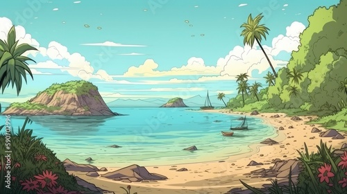 beach at a tropical island landscape , cartoon style , 4k, generat ai