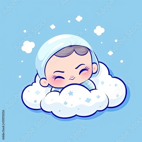 Cute baby sleeping on cloud pillow cartoon icon illustration, generat ai