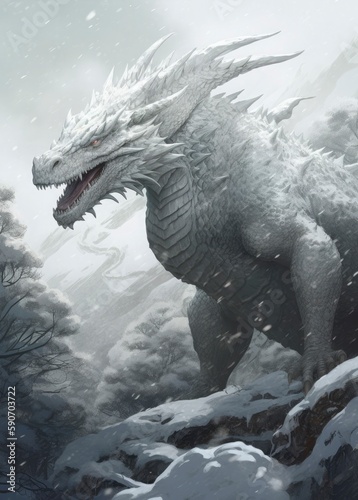a white dragon walking in the snow, in the style of otherworldly illustrations, gigantic scale, eerily realistic, anime-inspired characters, weathercore, enigmatic portraits, spiky mounds, generat ai