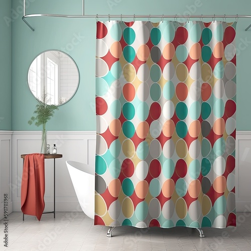 Bathroom shower curtain, beautiful detailed pattern, with a bathtub in the background. interior photo