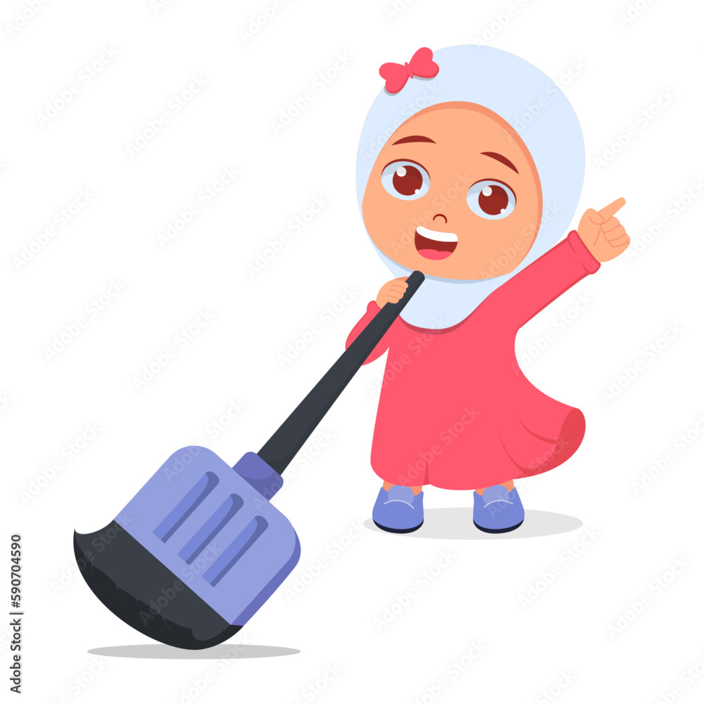 Cute girl imagining with a broom and singing Cute girl imagining with a broom and singing