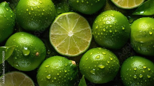 Lime, adorned with glistening droplets of water. Generative AI
