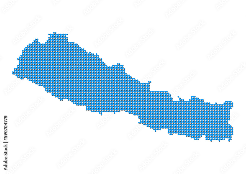 An abstract representation of Nepal, vector Nepal map made using a mosaic of blue dots with shadows. Illlustration suitable for digital editing and large size prints. 
