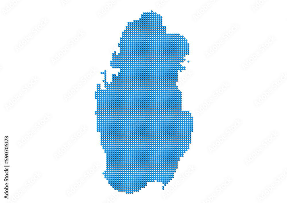 An abstract representation of Qatar, vector Qatar map made using a mosaic of blue dots with shadows. Illlustration suitable for digital editing and large size prints. 